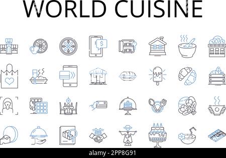 World Cuisine line icons collection. Fine Dining, Fresh Produce, Coastal Cuisine, Gourmet Food, Savory Flavors, Rich Ingredients, Regional Dishes Stock Vector