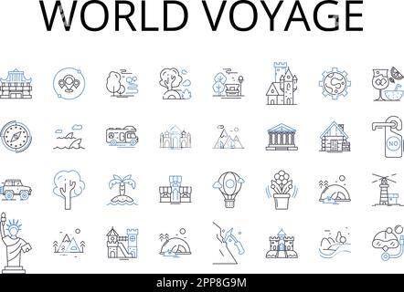 World voyage line icons collection. Global journey, Universal exploration, Earth adventure, Planet excursion, Continental odyssey, Overseas expedition Stock Vector