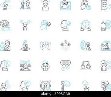 Mental science linear icons set. Psychology, Psychotherapy, Mental health, Cognition, Emotion, Perception, Mood line vector and concept signs. Anxiety Stock Vector