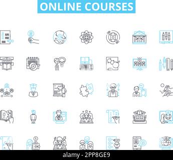 Online courses linear icons set. E-learning, Virtual, Distance, Web-based, Remote, Digital, Cyber line vector and concept signs. Internet,Interactive Stock Vector