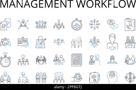 Management workflow line icons collection. Project management, Creative workflow, Business strategy, Marketing planning, Production pipeline Stock Vector
