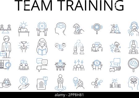 Team training line icons collection. Group instruction, Collective education, Crew development, Organization workshop, Joint coaching, Coalition Stock Vector