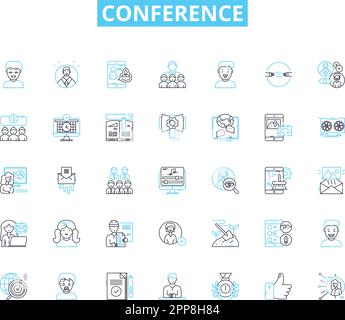 Conference linear icons set. Nerking, Presentations, Workshops, Keynote, Panels, Sessions, Industry line vector and concept signs. Experts,Speakers Stock Vector