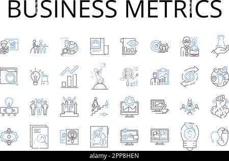 Business metrics line icons collection. Financial indicators, Performance measures, Marketing analytics, Sales metrics, Operational data, Customer Stock Vector