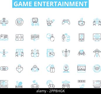 Game entertainment linear icons set. Strategy, Adventure, Fun, Challenge, Fantasy, Excitement, Action line vector and concept signs. Thrill Stock Vector