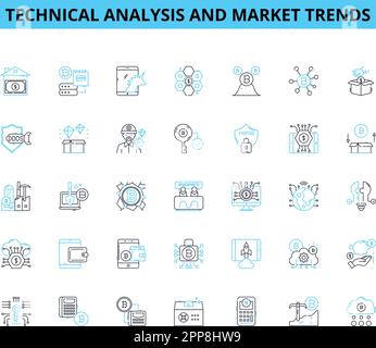 Technical analysis and market trends linear icons set. Resistance, Support, Momentum, Volume, Breakout, Trendline, Pattern line vector and concept Stock Vector