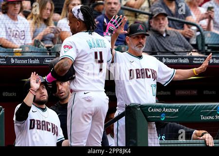 Arizona Diamondbacks' Gabriel Moreno (14) hits against the Los Angeles  Dodgers during the third inning of a baseball game, Saturday, April 8, 2023,  in Phoenix. (AP Photo/Matt York Stock Photo - Alamy