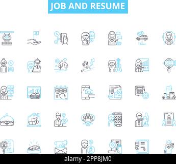 Job and resume linear icons set. Employment, Career, Application, Experience, Qualifications, Credentials, References line vector and concept signs Stock Vector