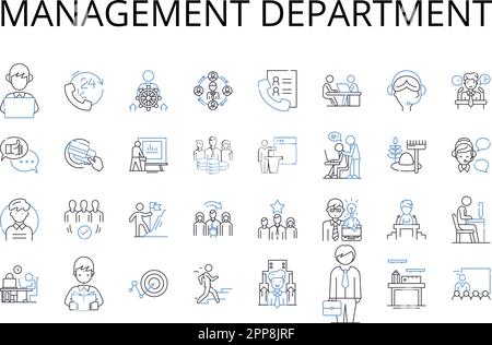 Management department line icons collection. Marketing team, Finance unit, Sales division, Human resources, Project office, Development sector Stock Vector