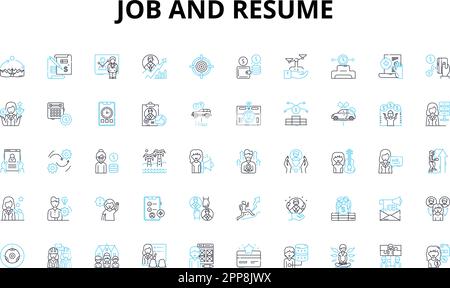 Job and resume linear icons set. Employment, Career, Application, Experience, Qualifications, Credentials, References vector symbols and line concept Stock Vector