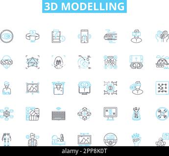 3d modelling linear icons set. Rendering, Sculpting, Texturing ...