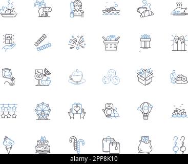 Born day line icons collection. Celebration, Cake, Presents, Gifts, Party, Joy, Happiness vector and linear illustration. Balloons,Friends,Family Stock Vector