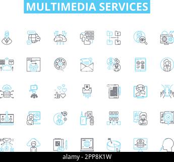 multimedia services linear icons set. Animation, Audio, Branding, Cinematography, Content, Design, Editing line vector and concept signs. Flash Stock Vector