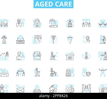 Aged care linear icons set. Elderly, Retirement, Nursing, Assistance, Health, Comfort, Support line vector and concept signs. Seniority,Compassion Stock Vector