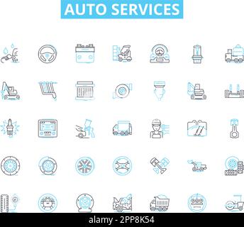 Auto services linear icons set. Maintenance, Repair, Inspection, Detailing, Oil change, Brakes, Tires line vector and concept signs. Alignment Stock Vector