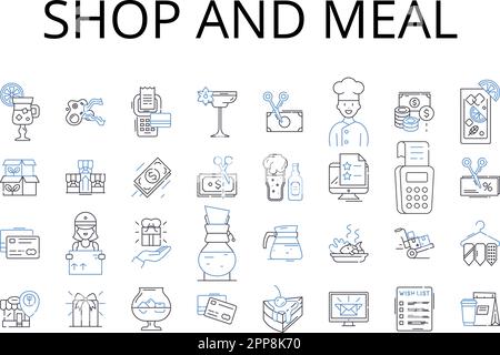 Shop and meal line icons collection. hop, Store, Boutique, Market, Emporium, Outlet, Establishment vector and linear illustration. Bazaar,Mart Stock Vector