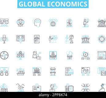 Global economics linear icons set. Trade, Exchange, Growth, Recession, Inflation, Deflation, Market line vector and concept signs. Capitalism Stock Vector