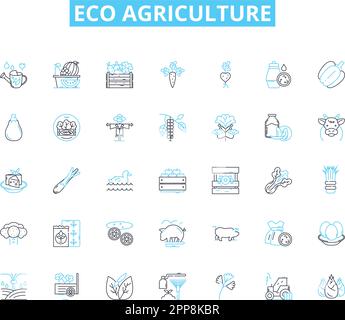Eco agriculture linear icons set. Sustainability, Organic, Regenerative, Permaculture, Biodynamic, Composting, Agroforestry line vector and concept Stock Vector