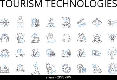 Tourism technologies line icons collection. Artificial intelligence, Social media, Virtual reality, Mobile applications, E-commerce, Online marketing Stock Vector