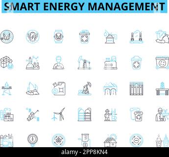 Smart energy management linear icons set. Efficient, Sustainability, Optimization, Automation, Conservation, Renewable, Monitoring line vector and Stock Vector