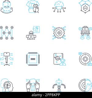 Cybernetics engineering linear icons set. Robotics, Automation, Machine learning, Nanotechnology, Augmentation, Cyborgs, Neural nerks line vector and Stock Vector