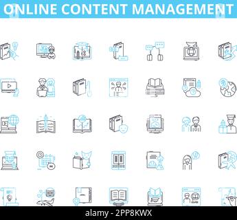 Online content management linear icons set. Publishing, Editing, Writing, Optimization, Analytics, Layout, Design line vector and concept signs Stock Vector