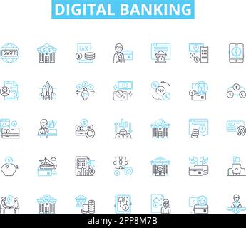 Digital banking linear icons set. Fintech, Mobile, Online, Transactions, Security, Innovation, Accessibility line vector and concept signs Stock Vector