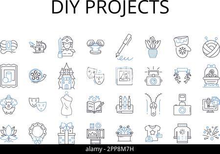 DIY projects line icons collection. Home improvement, Craft ideas, Art projects, Outdoor activities, Science experiments, Educational games, Creative Stock Vector