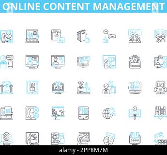 Online content management linear icons set. Publishing, Editing, Writing, Optimization, Analytics, Layout, Design line vector and concept signs Stock Vector