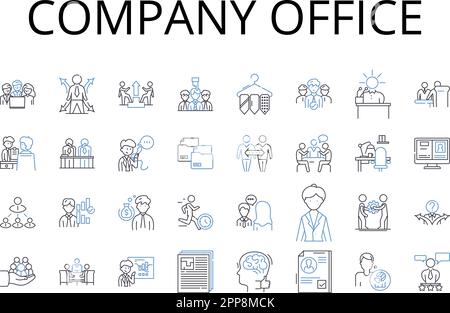 Company office line icons collection. Business hub, Enterprise center, Corporation headquarters, Workplace venue, Organization facility, Company Stock Vector