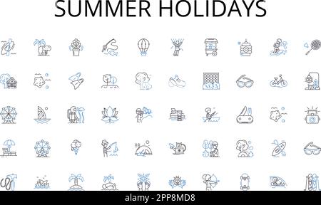 Summer holidays line icons collection. Decluttering, Arranging, Systemizing, Rationalizing, Streamlining, Simplifying, Cataloguing vector and linear Stock Vector