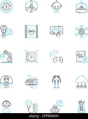 Innovative technologies linear icons set. Automation, Augmented, Virtual, Nanotechnology, Machine-learning, Cloud-computing, Biotechnology line vector Stock Vector