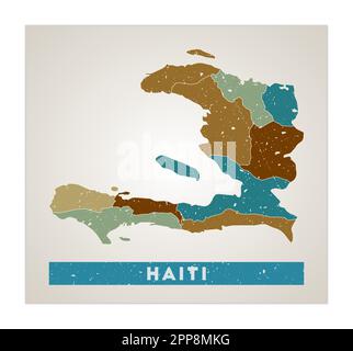 Haiti map. Country poster with regions. Old grunge texture. Shape of Haiti with country name. Charming vector illustration. Stock Vector