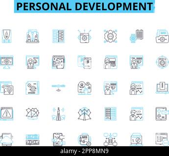 Personal development linear icons set. Growth, Motivation, Self-reflection, Mindset, Discovery, Transformation, Empowerment line vector and concept Stock Vector