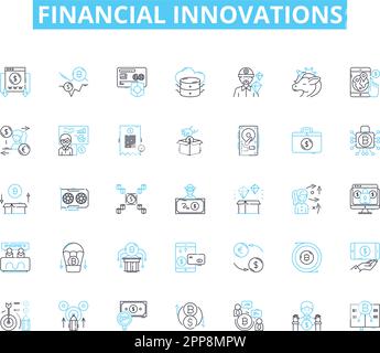 Financial innovations linear icons set. Fintech, Cryptocurrency, Blockchain, Crowdfunding, Robo-advisor, Mobile banking, Wealthtech line vector and Stock Vector