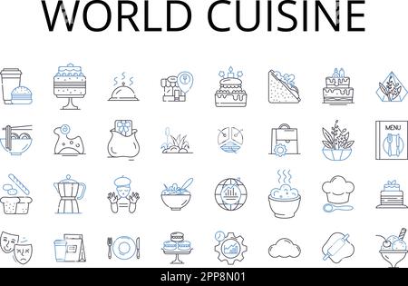 World Cuisine line icons collection. Fine Dining, Fresh Produce, Coastal Cuisine, Gourmet Food, Savory Flavors, Rich Ingredients, Regional Dishes Stock Vector