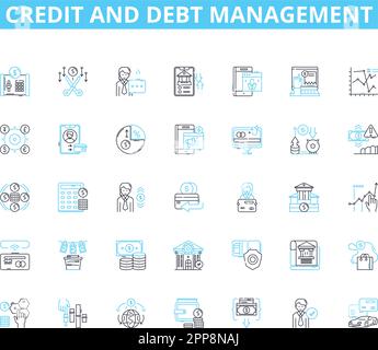 Credit and debt management linear icons set. Credirthiness, Interest, Balance, Budget, Score, Finance, Collection line vector and concept signs Stock Vector