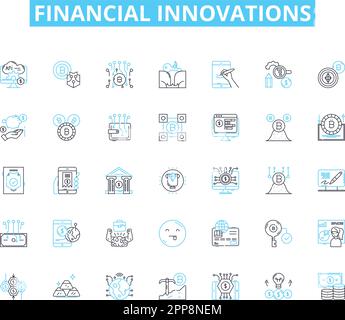 Financial innovations linear icons set. Fintech, Cryptocurrency, Blockchain, Crowdfunding, Robo-advisor, Mobile banking, Wealthtech line vector and Stock Vector