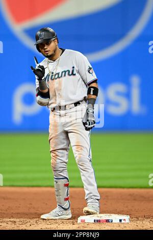 Miami Marlins' Jazz Chisholm Jr. bats during the second inning in the first  baseball game of a doubleheader against the Cleveland Guardians, Saturday,  April 22, 2023, in Cleveland. (AP Photo/Nick Cammett Stock