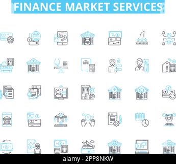 Finance market services linear icons set. Wealth, Investment, Stocks, Benefits, Retirement, Trading, Securities line vector and concept signs Stock Vector