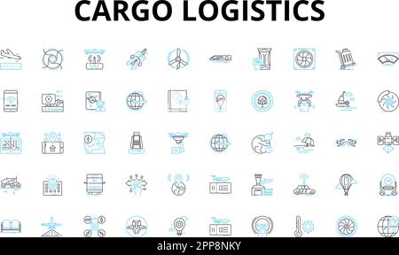 Cargo logistics linear icons set. Freight, Shipping, Transport, Supply chain, Warehouse, Distribution, Inventory vector symbols and line concept signs Stock Vector