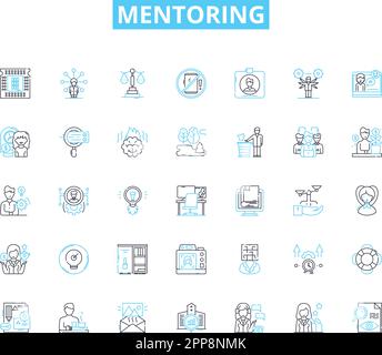 Mentoring linear icons set. Learning, Guidance, Coaching, Support, Advise, Experience, Sharing line vector and concept signs. Leadership,Development Stock Vector