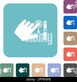 Left handed scroll down gesture white flat icons on color rounded square backgrounds Stock Vector