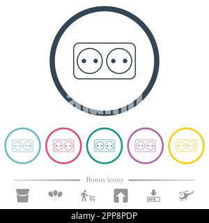 Electrical outlet with two sockets outline flat color icons in round outlines. 6 bonus icons included. Stock Vector
