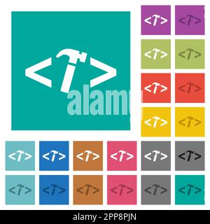 Web development with hammer multi colored flat icons on plain square backgrounds. Included white and darker icon variations for hover or active effect Stock Vector