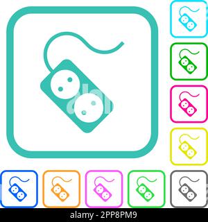 Portable electrical outlet with two sockets and cord solid vivid colored flat icons in curved borders on white background Stock Vector