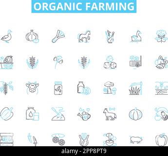 Organic farming linear icons set. Sustainability, Soil, Pesticides, Crops, Fertilizer, Compost, Biodiversity line vector and concept signs Stock Vector