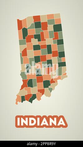 Indiana poster in retro style. Map of the US state with regions in autumn color palette. Shape of Indiana with US state name. Stock Vector