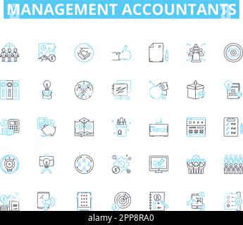 Management accountants linear icons set. Analysis, Budgeting ...