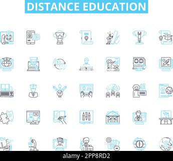 Distance education linear icons set. E-learning, Online, Digital, Virtual, Remote, Videoconferencing, Telecommunication line vector and concept signs Stock Vector